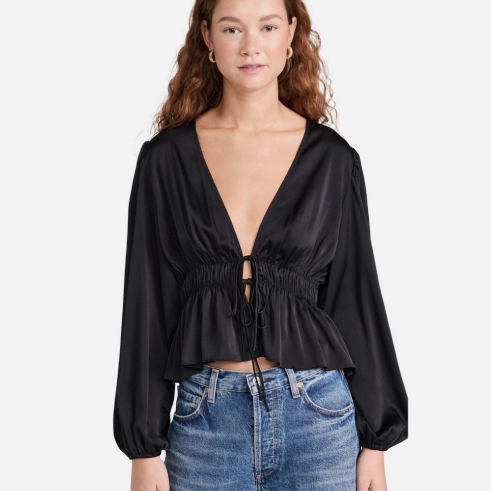 Wayf Black Front Tie Long Sleeve Top